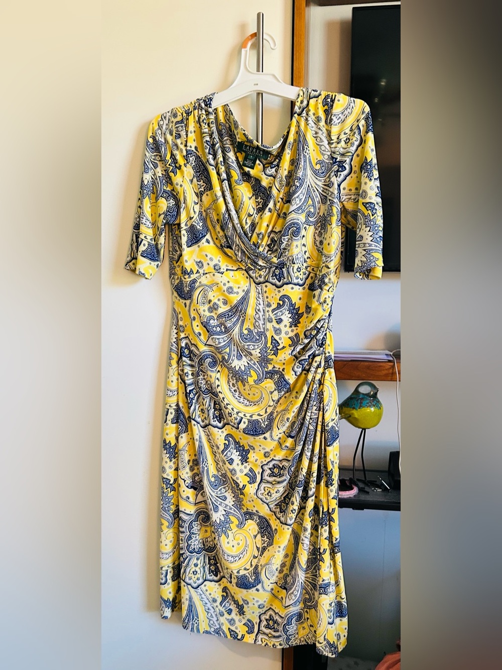 Ralph Lauren Yellow and Navy Paisley Draped Midi Dress